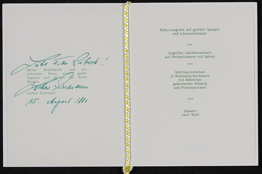 Menu card personally signed by Lothar Eiermann with dedication to Barbara Siebeck in the Digital Collections of the SLUB
