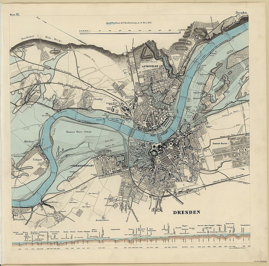 Karte von Dresden mit den eingezeichneten Überschwemmungsgebieten des Hochwassers vom 31. März 1845h