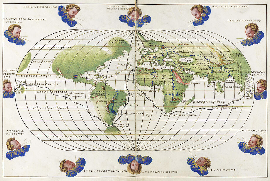 Ovale Weltkarte mit Route der Weltumseglung Magellans und Route Spanien-Peru, umrahmt von den zwölf Winden aus dem Seekarten-Atlas (Signatur: Mscr.Dresd.F.140.a)