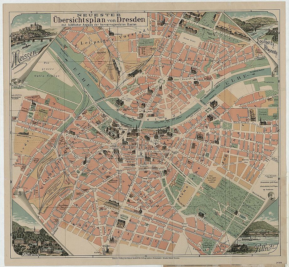Übersichtsplan von Dresden mit bildlicher Angabe der hervorragendsten Bauten aus dem Jahr 1894