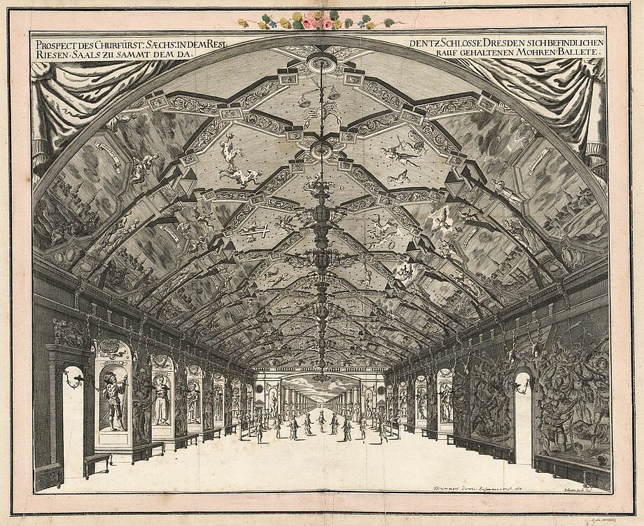 Kupferstich des Riesensaals im Residenzschloss Dresden, 1680 