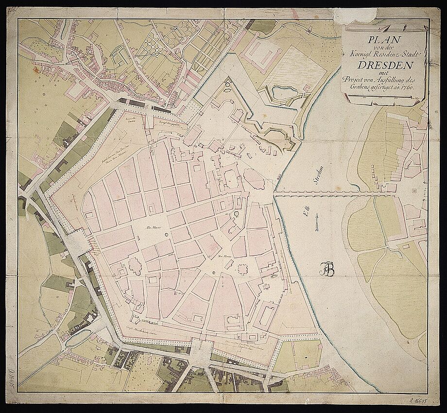 Plan der königlichen Residenzstadt Dresden mit dem Projekt zur Ausfüllung des Grabens, Handzeichnung, um 1760