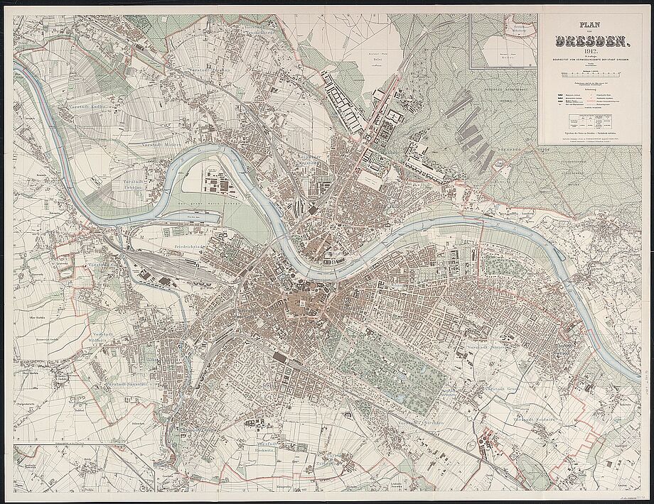 kolorierter Plan der Stadt Dresden (Alt- und Neustadt sowie Randbezirke)