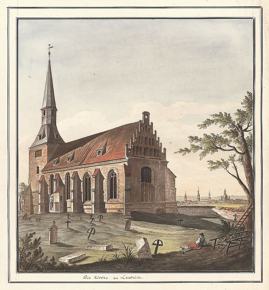 Die Leubnitzer Kirche, im Hintergrund die Kuppel der Frauenkirche, Hausmannsturm und Turm der Hofkirche