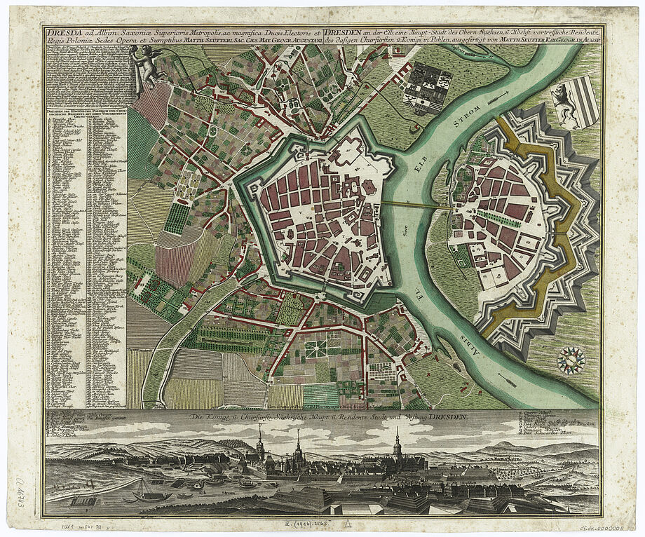 Plan der Residenzstadt Dresden, kolorierter Kupferstich, um 1755