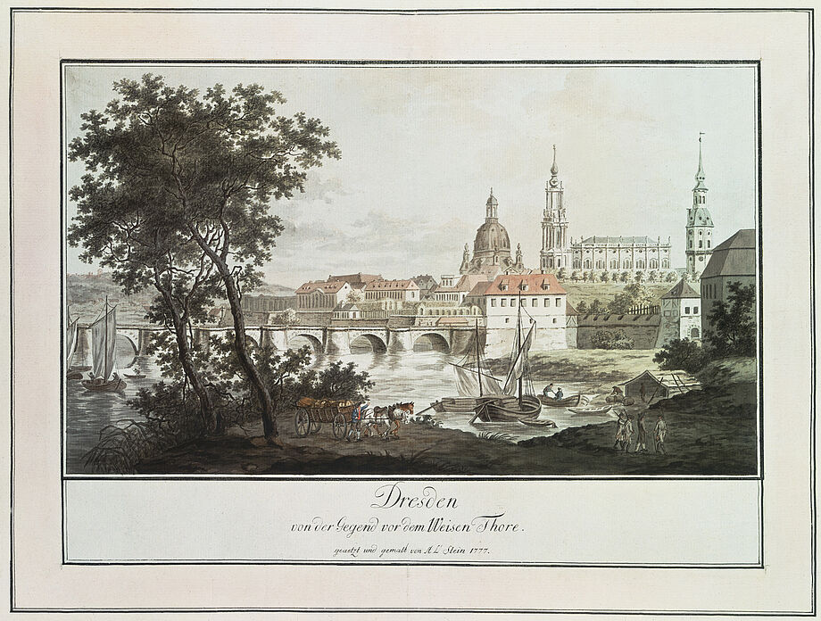 Blick vom Neustädter Elbufer auf Schloss und Frauenkirche