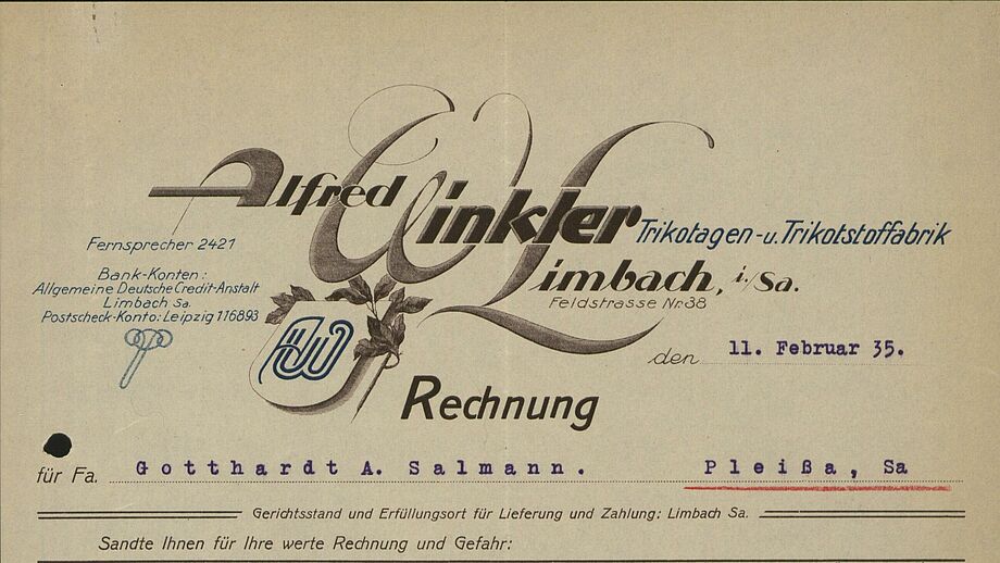 Briefkopf der Alfred Winkler Trikotagen und Trikotstofffabrik Limbach