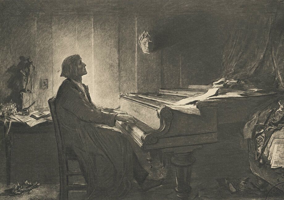 Franz Liszt am Klavier, Lithografie von unbekannter Hand, nach einer Zeichnung von Hubert von Herkomer, um 1900; Quelle: repropool.de