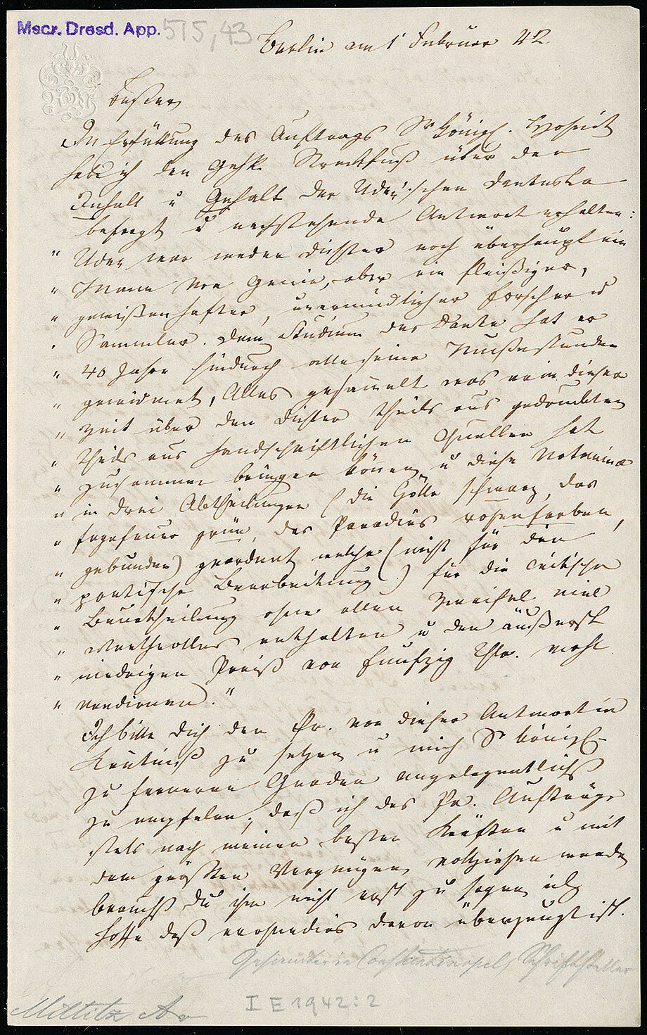 Brief von Alexander von Miltitz an Konstantin Karl Falkenstein, 1.2.1842, aus dem Eigentum von Beno Kaufmann (SLUB, Sign. Mscr.Dresd.App.515,43; Foto: SLUB/Deutsche Fotothek, df_dat_0016748)