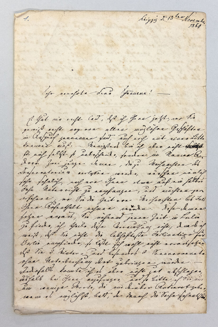 Eigenhändiger Brief Ernst Rudorff an Clara Schumann,  18. November 1860, SLUB Dresden, Mscr.Dresd.App.3222,B,1