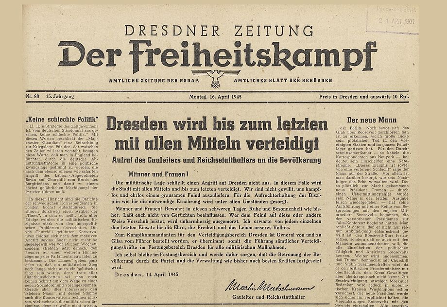 Titelseite des "Freiheitskampfes" vom 16. April 1945