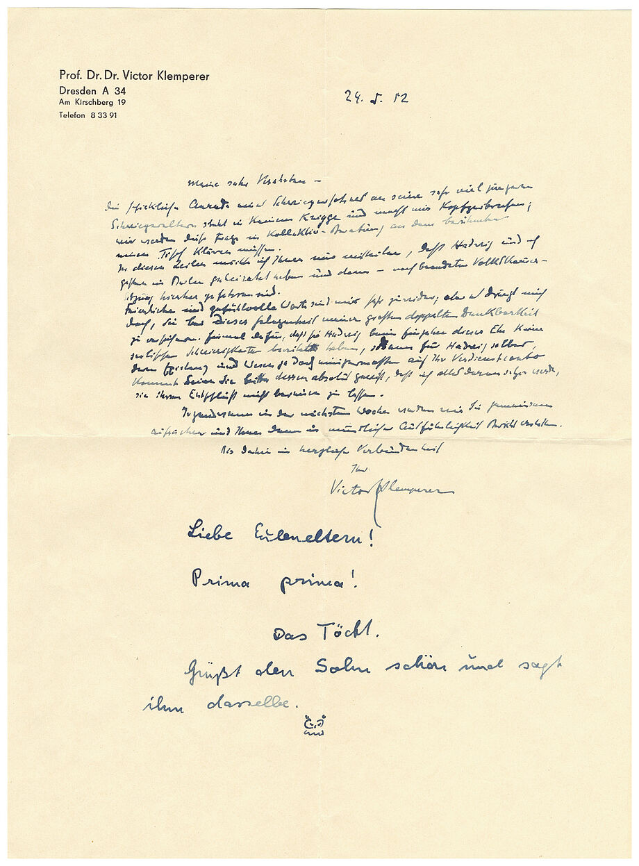 Brief von Victor Klemperer an seine Schwiegereltern mit Grußzeilen von Hadwig Klemperer. Dresden, 24. Mai 1952 © SLUB, Deutsche Fotothek