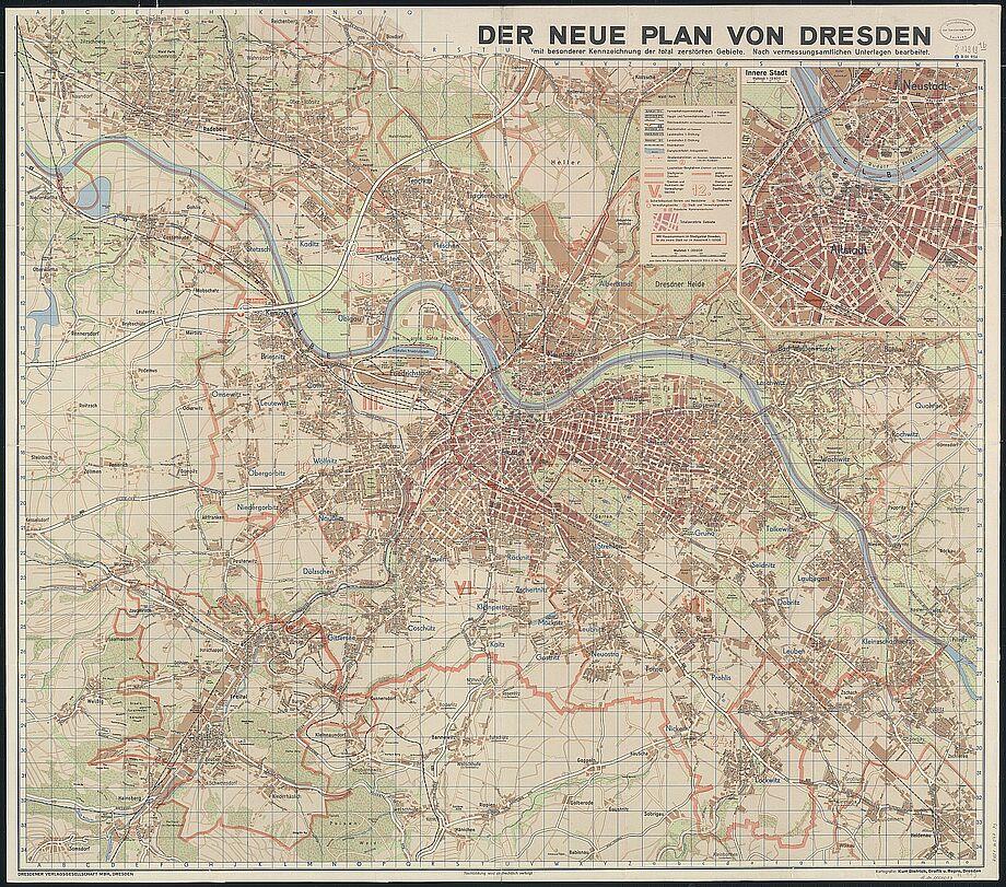 Plan der Stadt Dresden mit der Kennzeichnung der total zerstörten Gebiete 