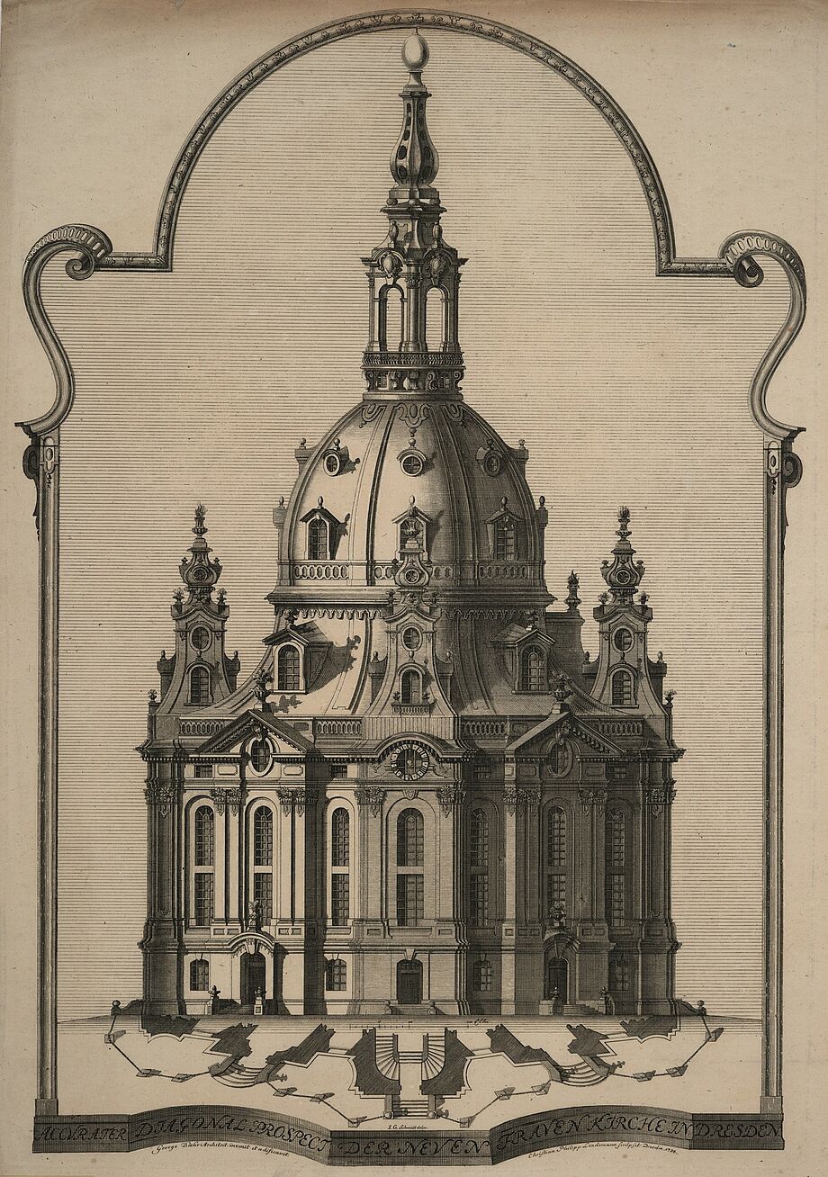 Kupferstich der neuen Frauenkirche von Architekt George Bähr, 1734