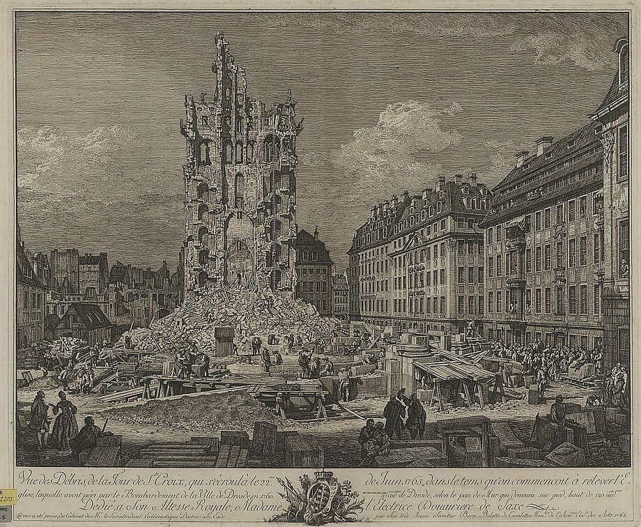 Ansicht der eingestürzten Kreuzkirche in Dresden