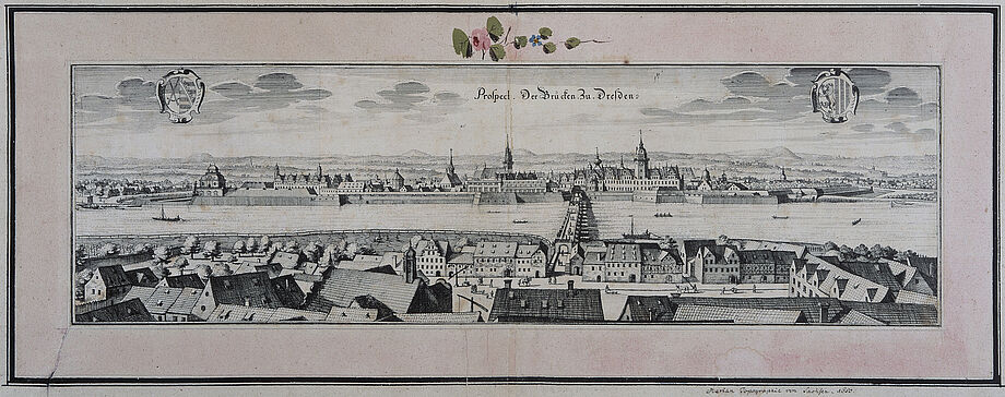 Kupferstich der Dresdner Brücken, Ansicht von Norden, 1650