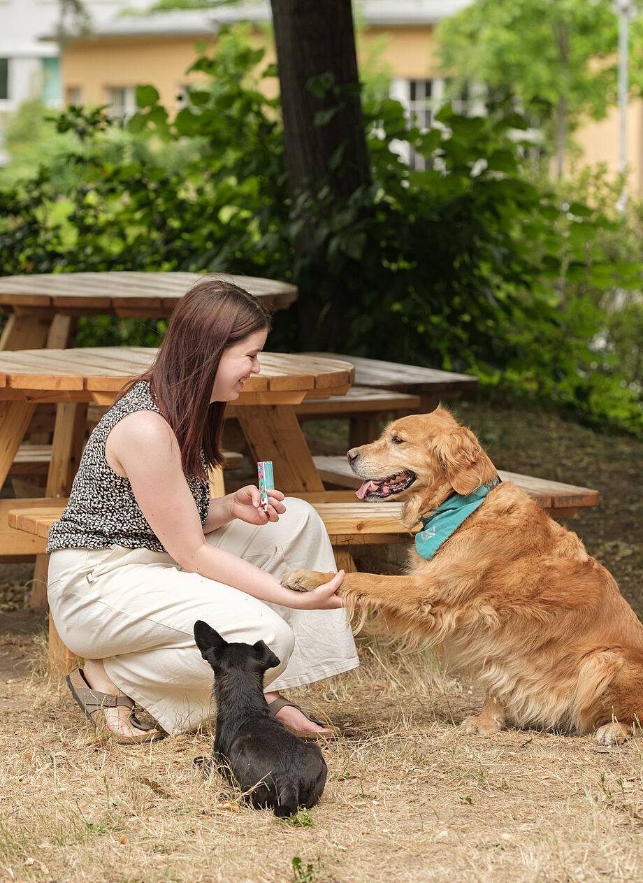 Therapiehund mit Nutzerin bei Aktiver Lernpause im Gemeinschaftsgarten des SLUB TextLab