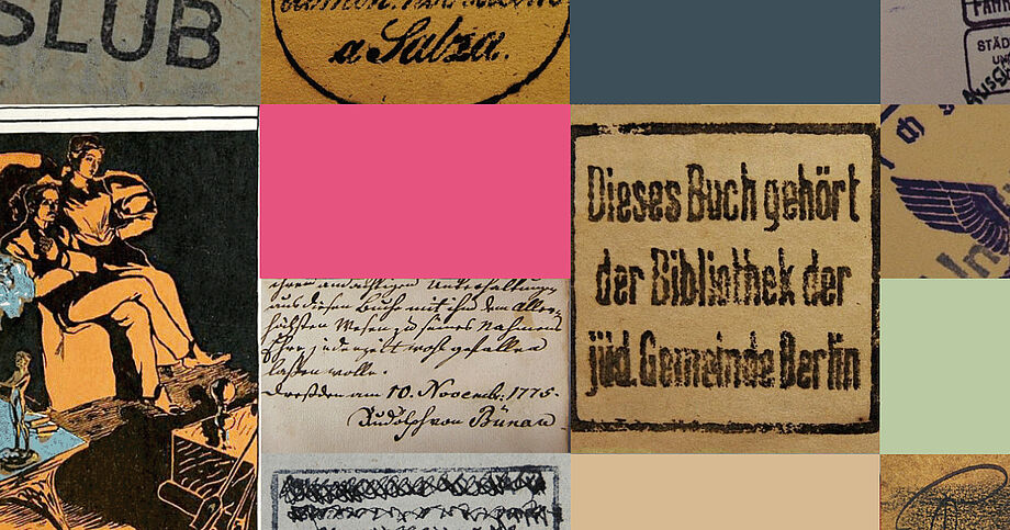Collage von Provenienzmerkmalen vom Titelmotiv der Ausstellung Mind the Gap (c) SLUB Dresden