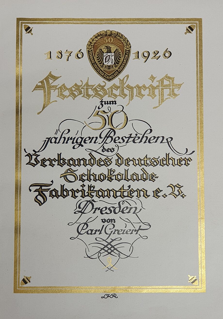 Titelbild einer Festschrift des Verbandes Deutscher Schokolade-Fabrikanten in Dresden aus dem Jahr 1926