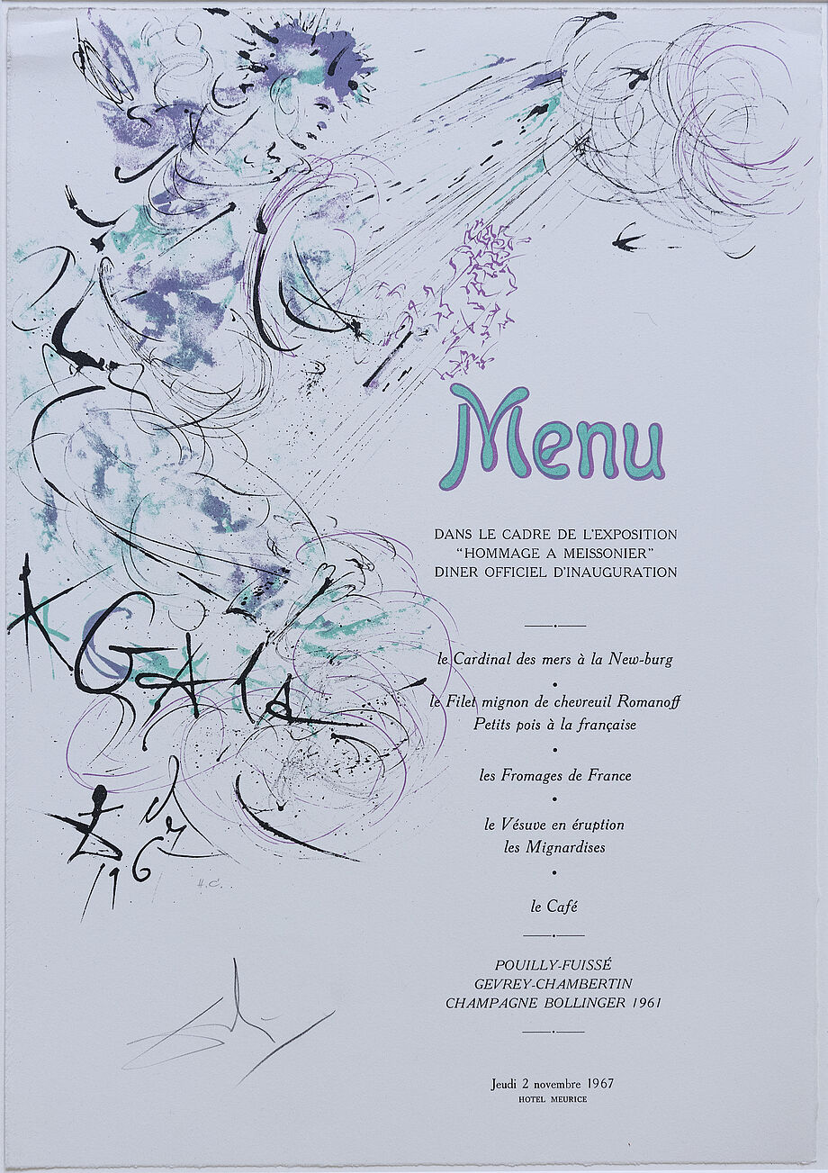Menükarte für das offizielle Eröffnungs-Diner anlässlich der Ausstellung „Hommage à Meissonier“; © SLUB Dresden, Ramona Ahlers-Bergner
