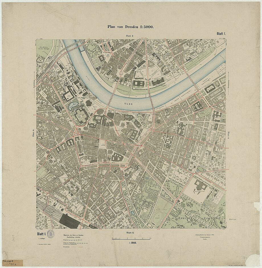 kolorierter Plan der Stadt Dresden (Großteil der Altstadt)