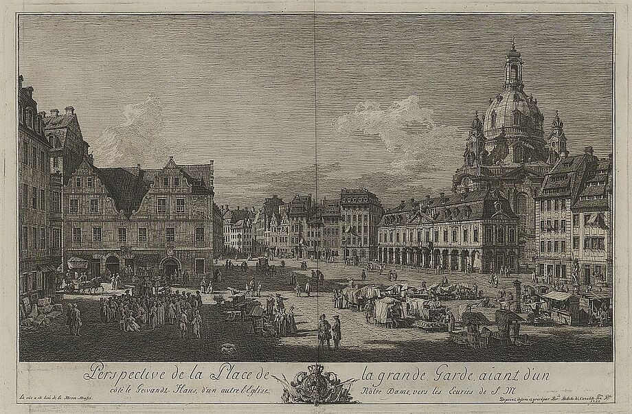 Ansicht des Neumarktes zu Dresden, mit Gewandhaus und Frauenkirche, Kupferstich, 1750