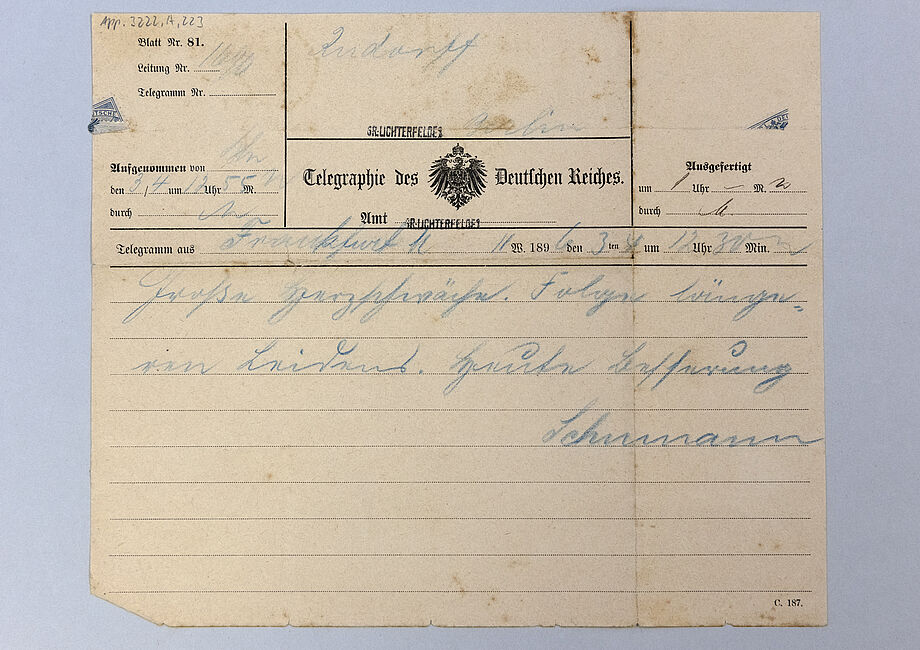 Telegramm Familie Schumann an Familie Rudorff, 3. April 1896, SLUB Dresden, Mscr.Dresd.App.3222,A,223