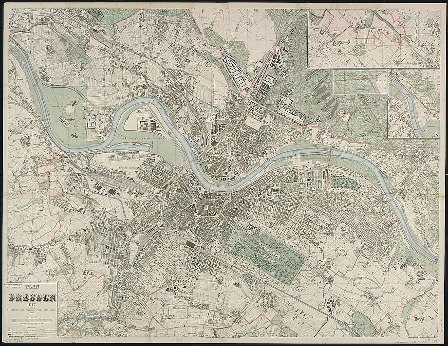 kolorierter Plan der Stadt Dresden (Alt- und Neustadt sowie Randbezirke)