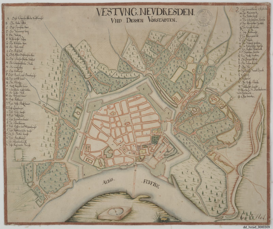 Kartengemälde der Festung Neudresden und deren Vorstädte, ca. 1651