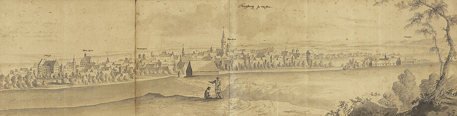 Zeichnung einer historischen Ansicht im Querformat von Freiberg